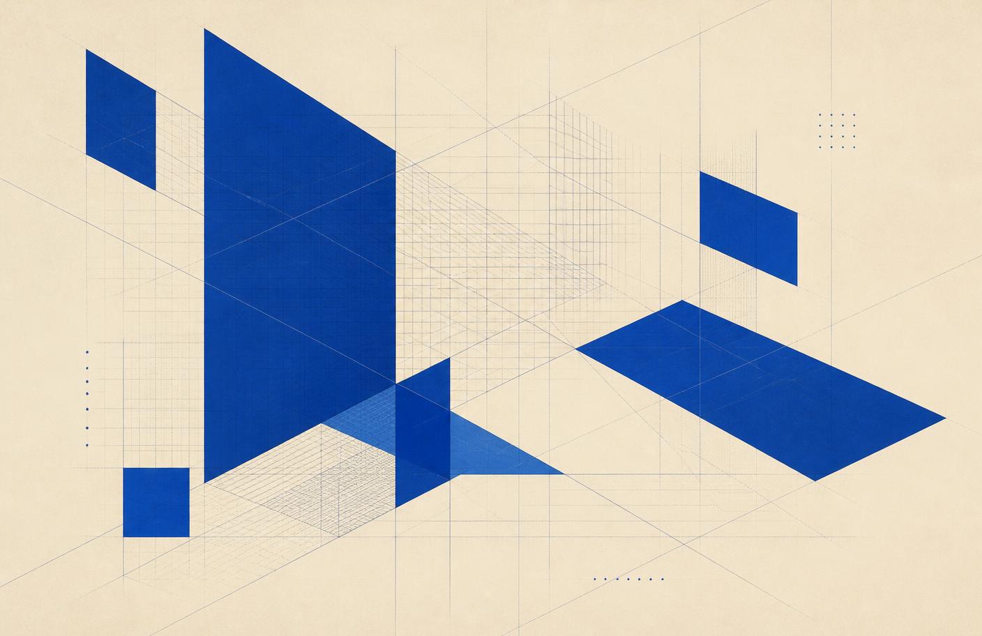 Abstract geometric composition of cobalt planes and fine grid lines on ivory paper