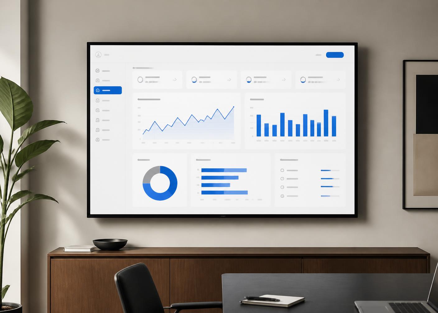 Analytics dashboard with line, bar and donut charts displayed on a large office screen