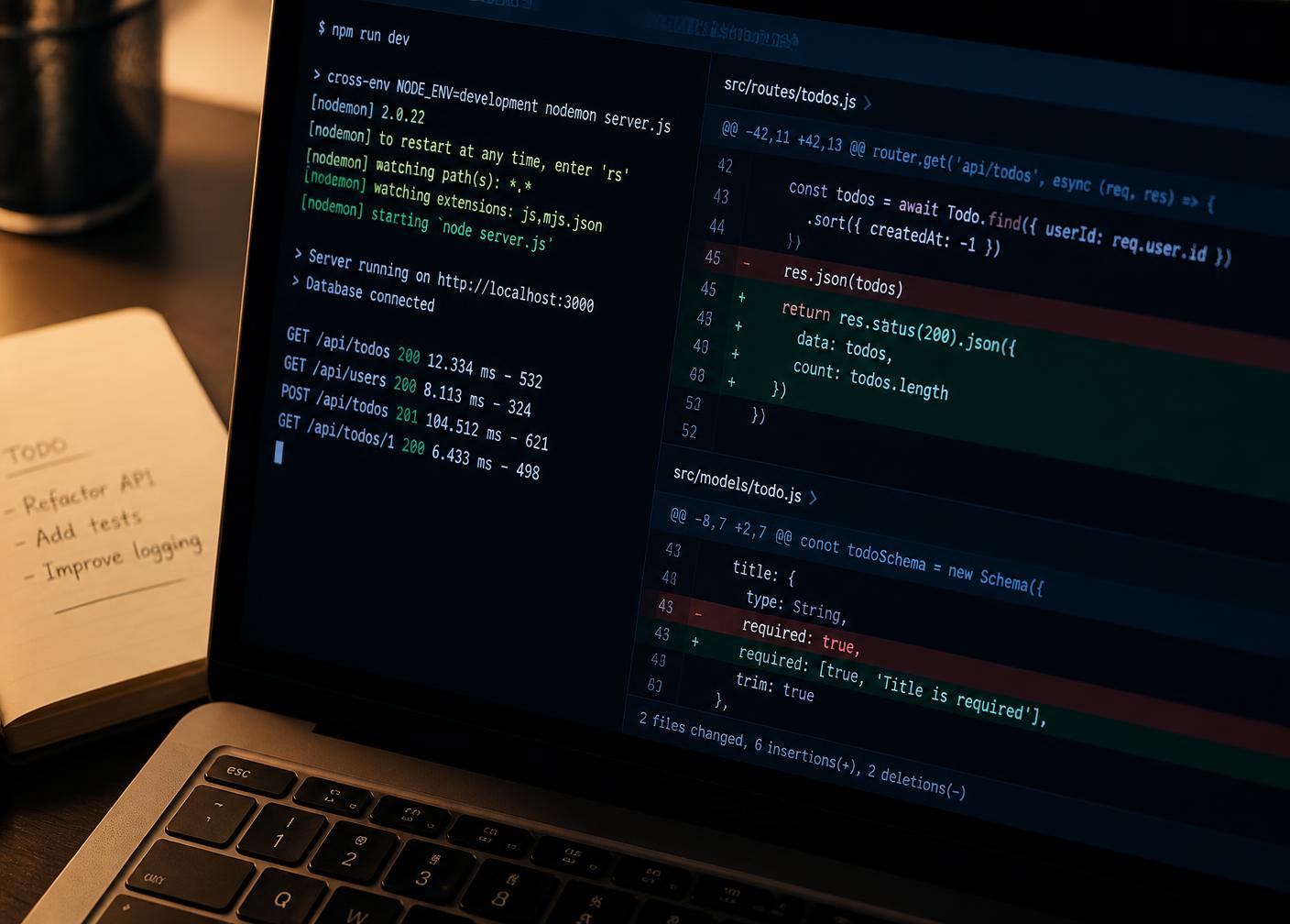 Code editor and terminal output shown on a laptop during application development