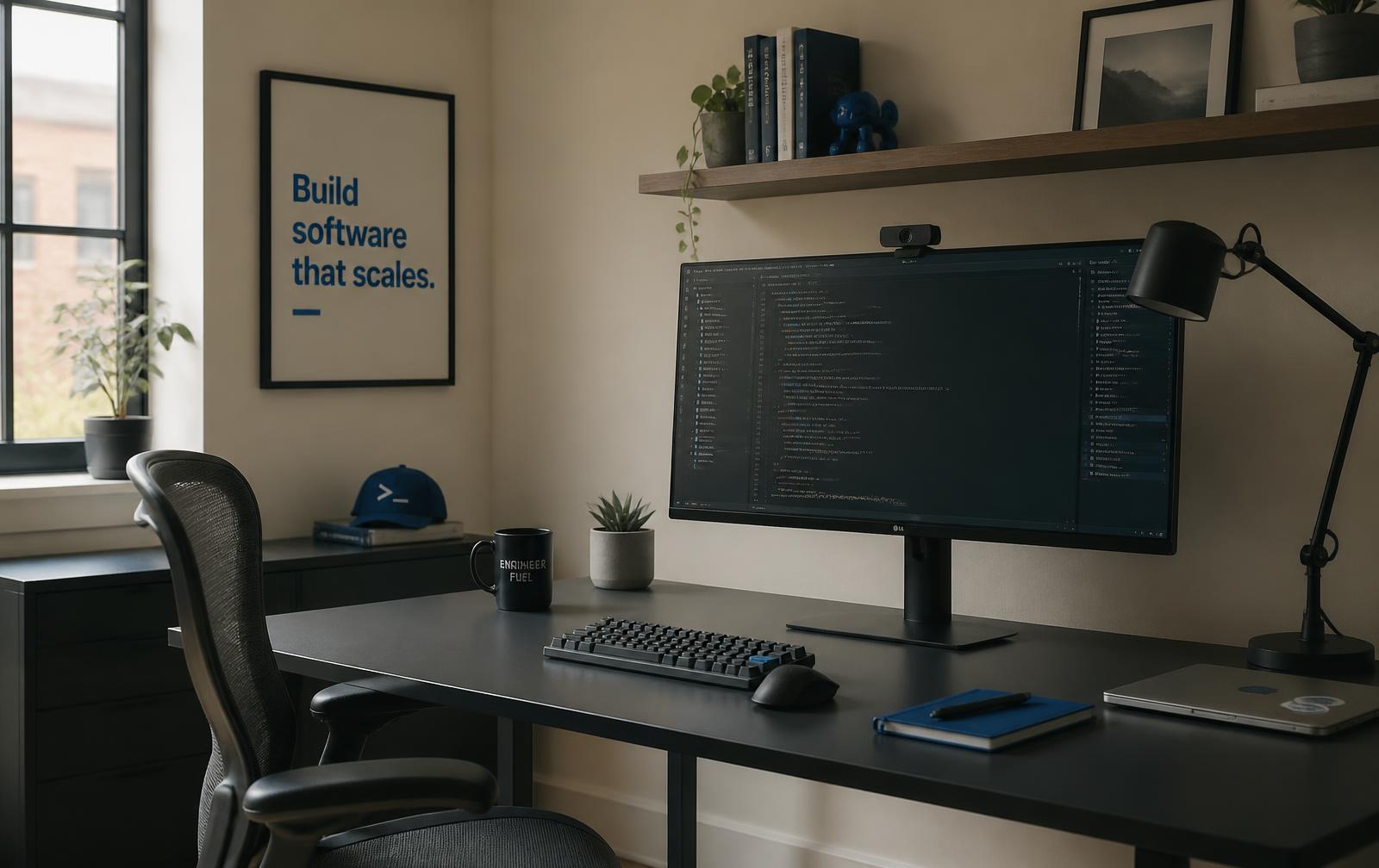 Wide monitor showing a web application interface in a bright workspace