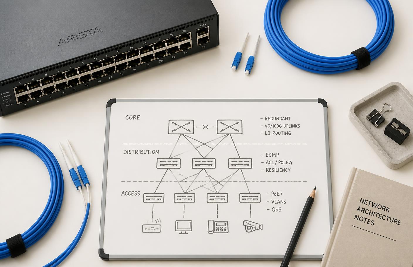 Network switch with patch cables beside a hand-drawn integration diagram on a whiteboard